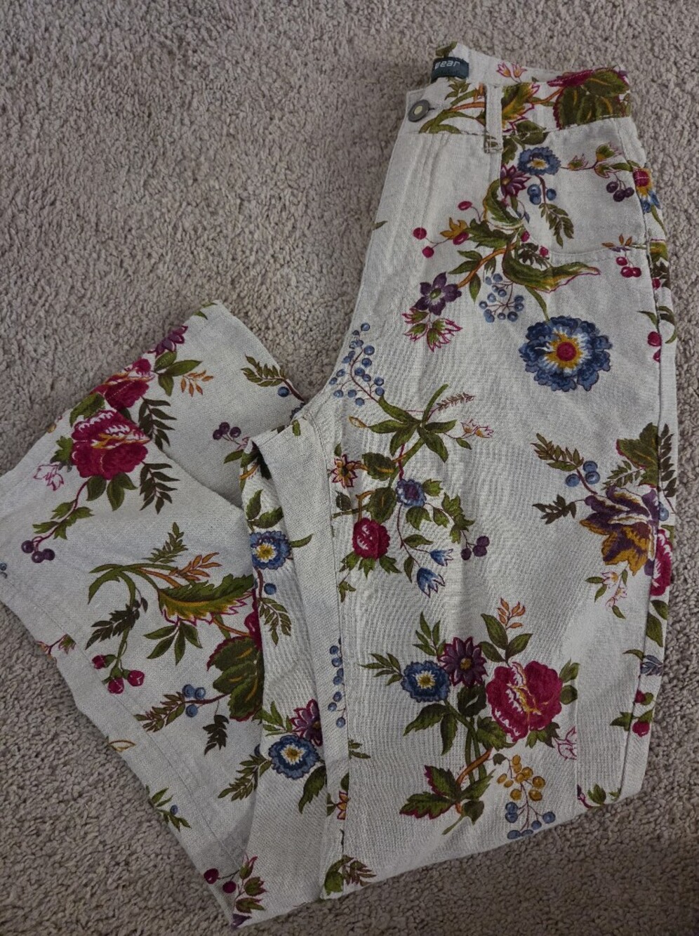 Lizwear Vintage Floral Printed Linen Blend High Rise Pants